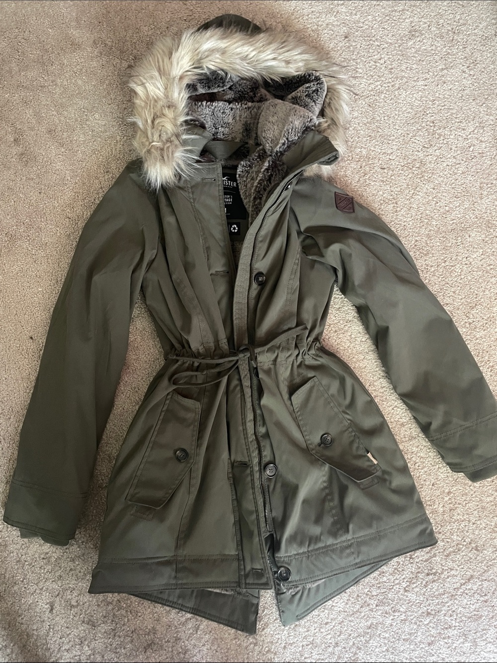 Hollister Olive Green Faux Fur-Lined Utility Parka Jacket